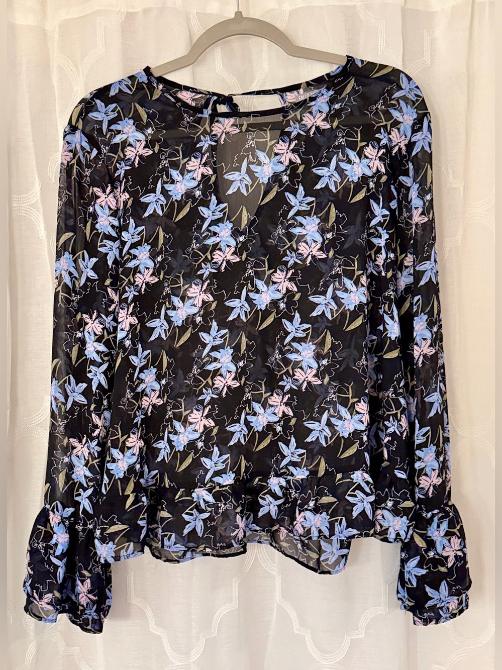 Falls Creek Large Black Blue Pink Floral Sheer Ruffle Blousej
